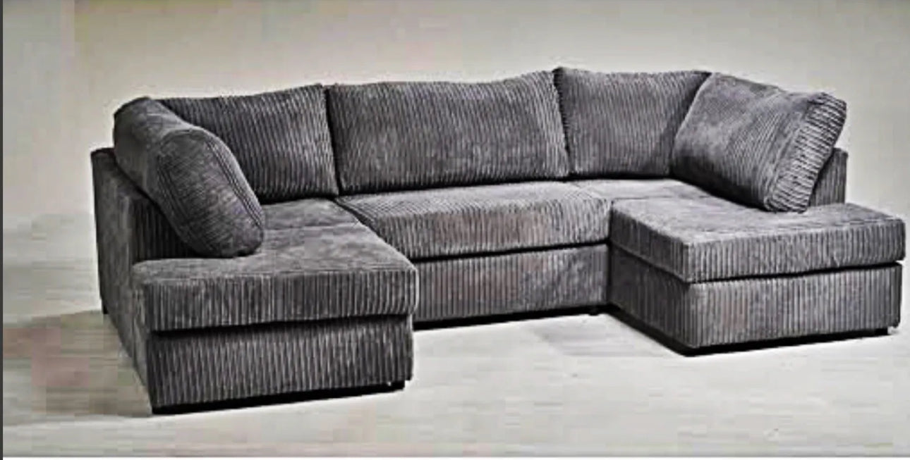 Furnish UK jumbo cord u shape sofa in gray with soft textured fabric and cushioned seating