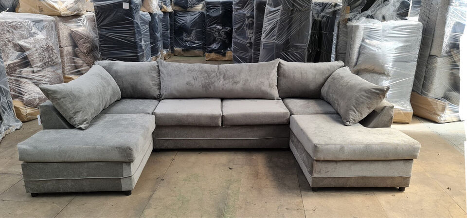 Kensington sofa set UK U shape sofa in gray fabric by Furnish UK with plush cushions and wide seating
