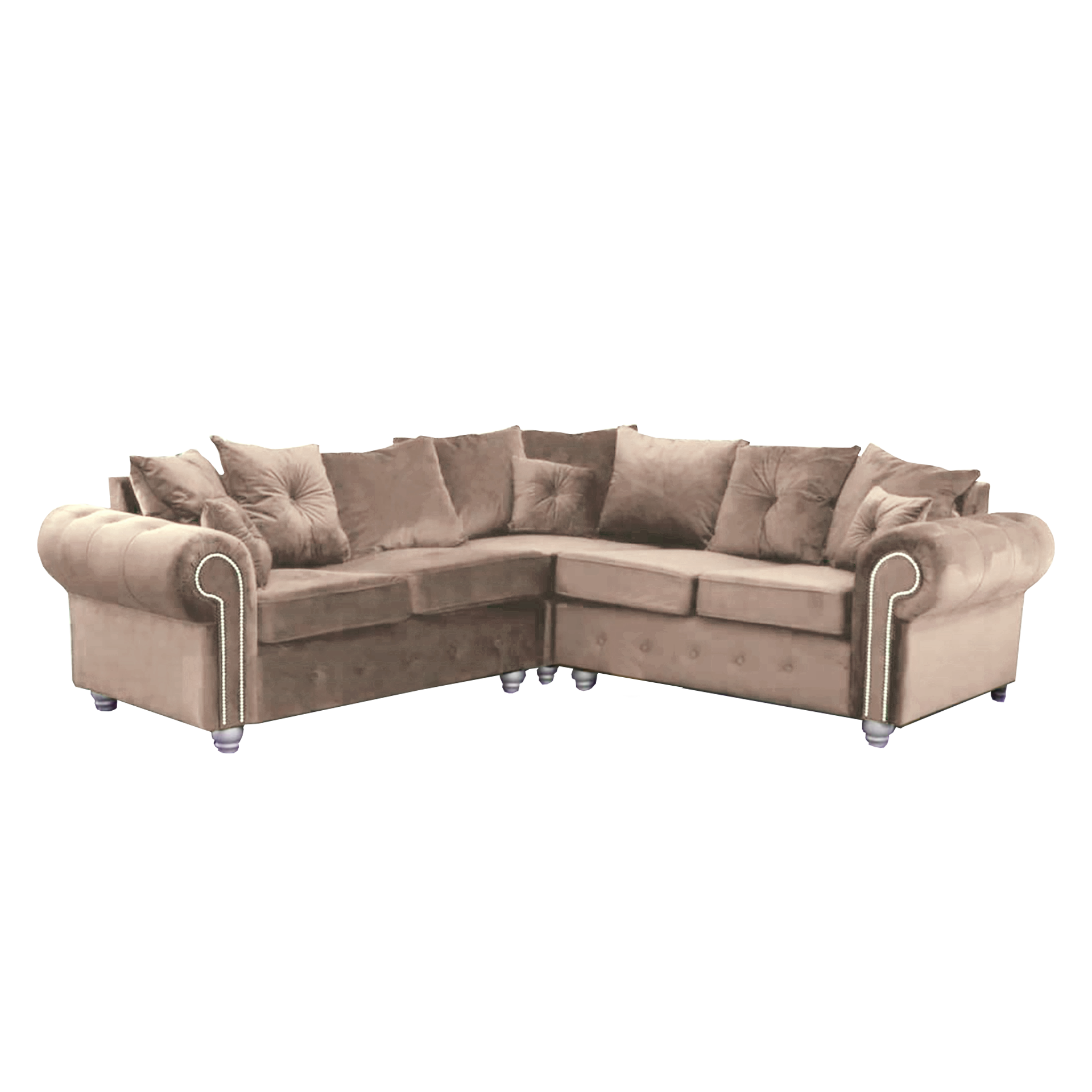 Furnish UK Ashwin tufted corner sofa in beige velvet with rolled arms and multiple cushions