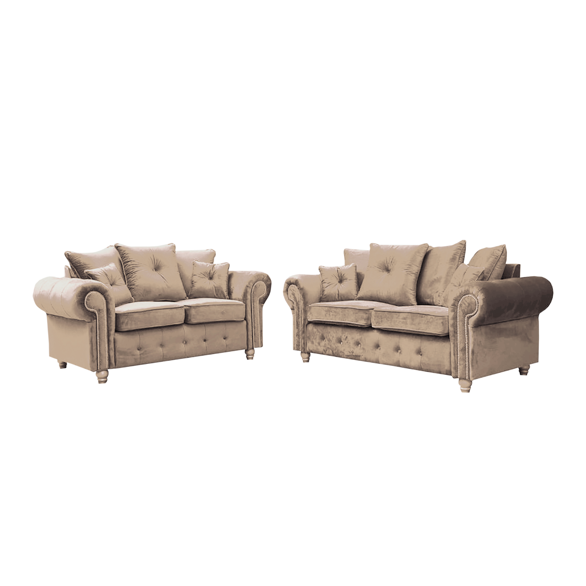Ashwin tufted corner sofa set by Furnish UK with beige velvet upholstery and multiple cushions