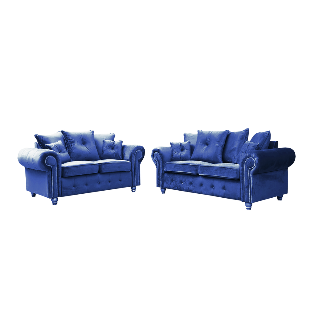 Furnish UK Ashwin tufted corner sofa set in blue velvet with rolled arms and cushioned back support