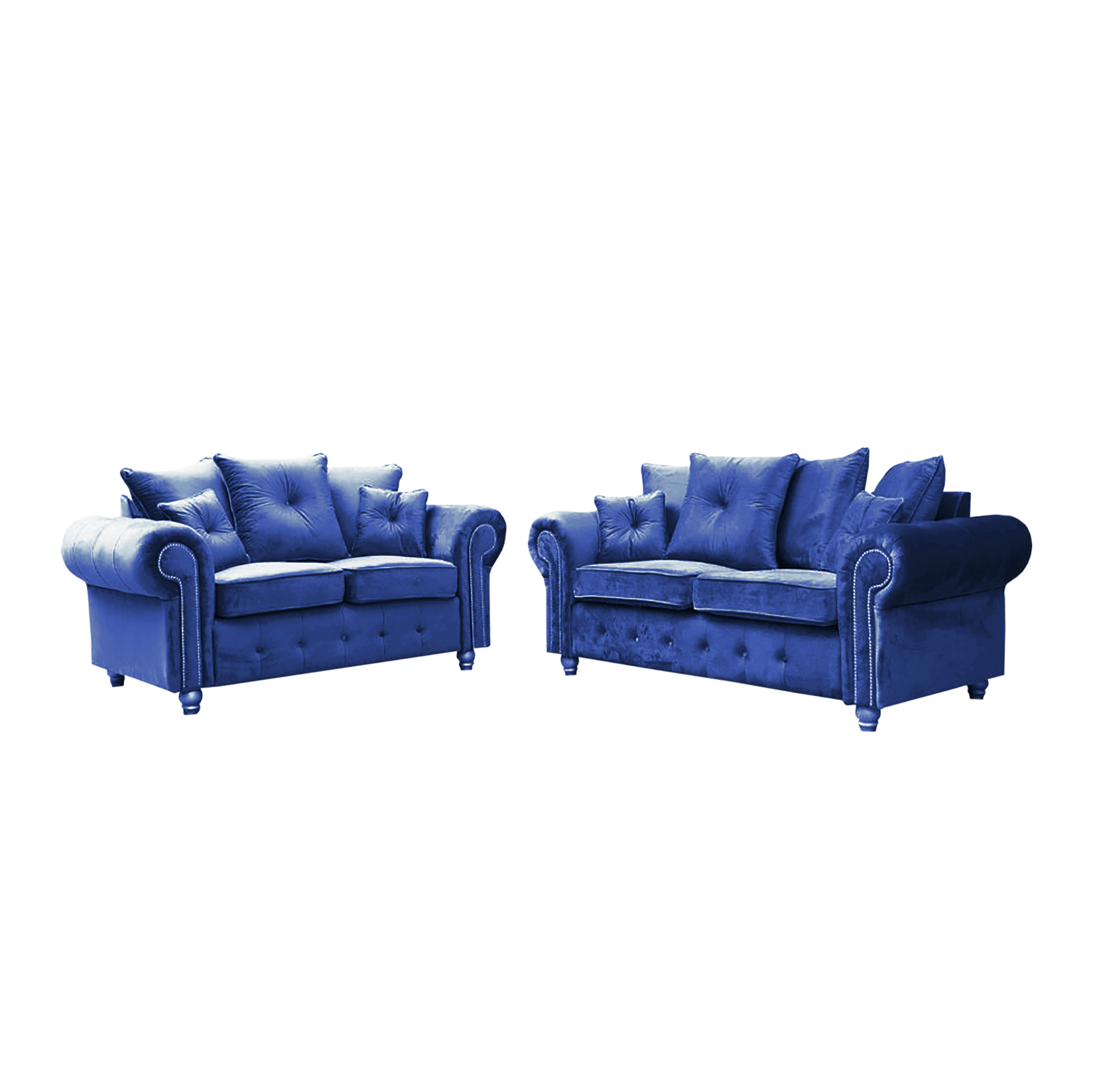 Furnish UK Ashwin tufted corner sofa set in blue velvet with rolled arms and cushioned back support