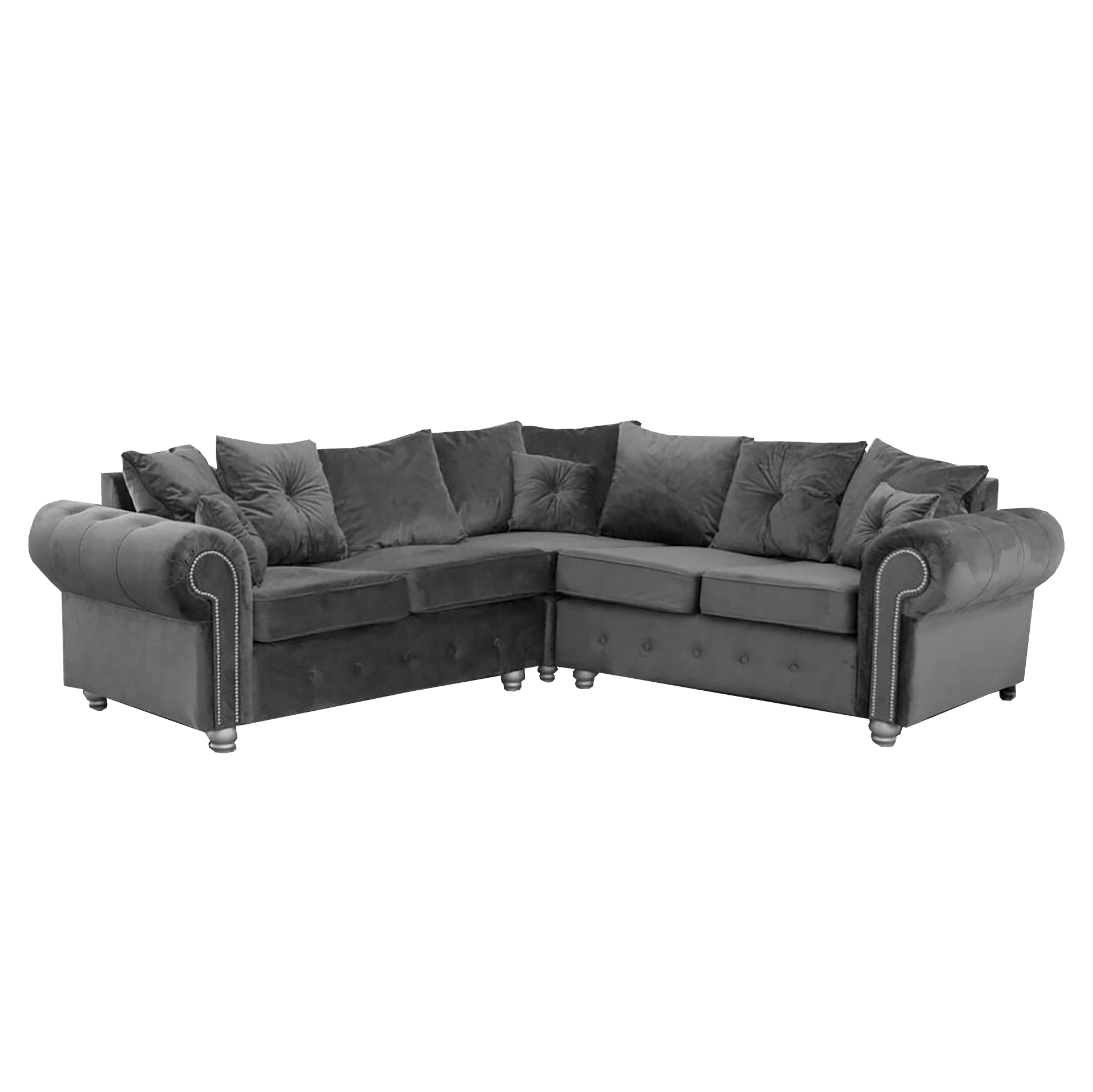 Furnish UK Ashwin tufted corner sofa in dark gray with rolled arms and multiple cushions