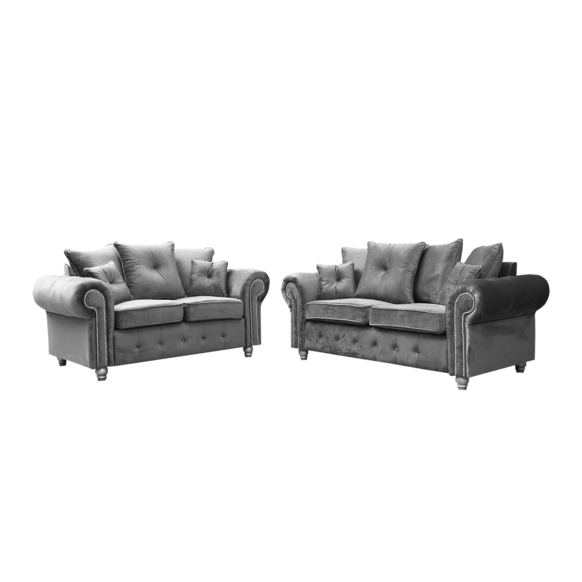 Ashwin tufted corner sofa set by Furnish UK in grey velvet with rolled arms and multiple cushions