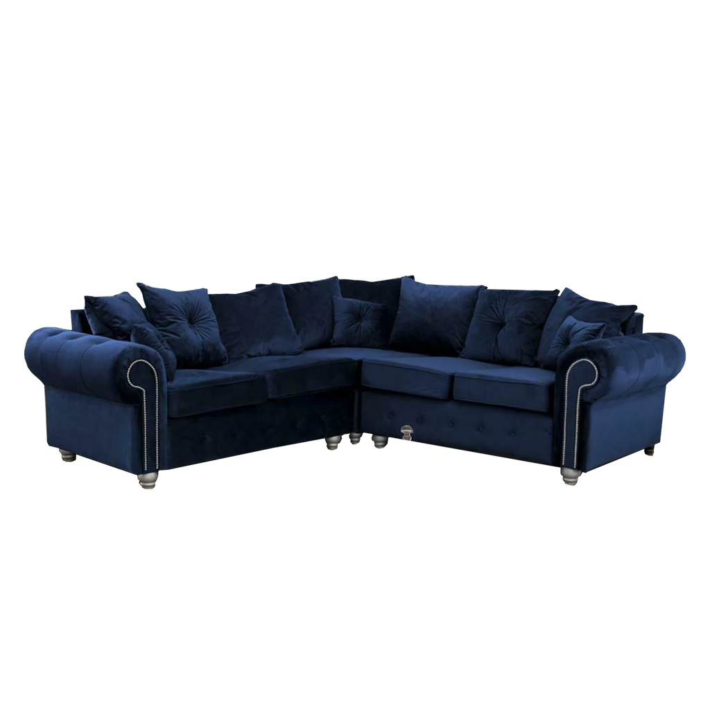 Furnish UK Ashwin tufted corner sofa in navy blue with rolled arms and plush cushions