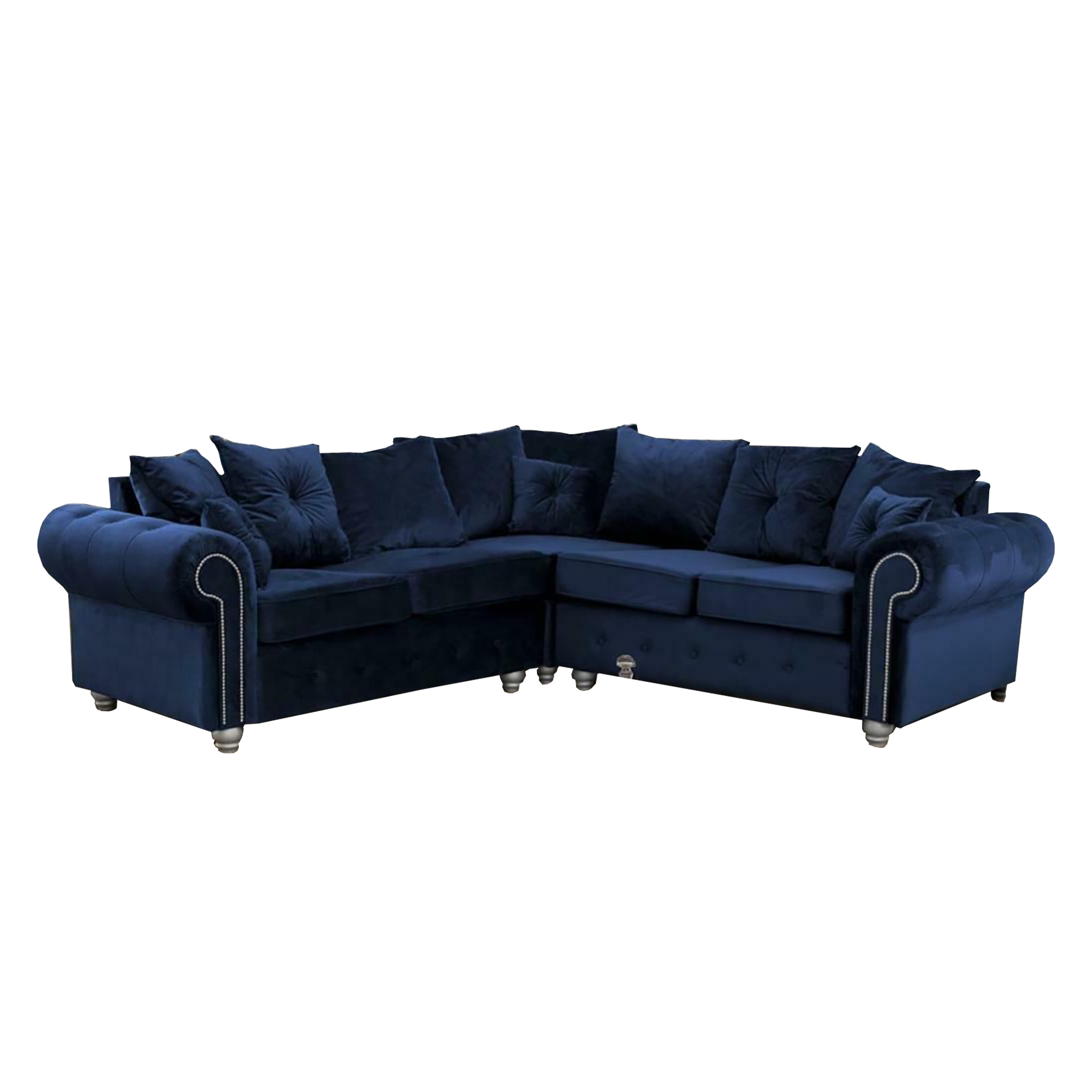 Furnish UK Ashwin tufted corner sofa in navy blue with rolled arms and plush cushions