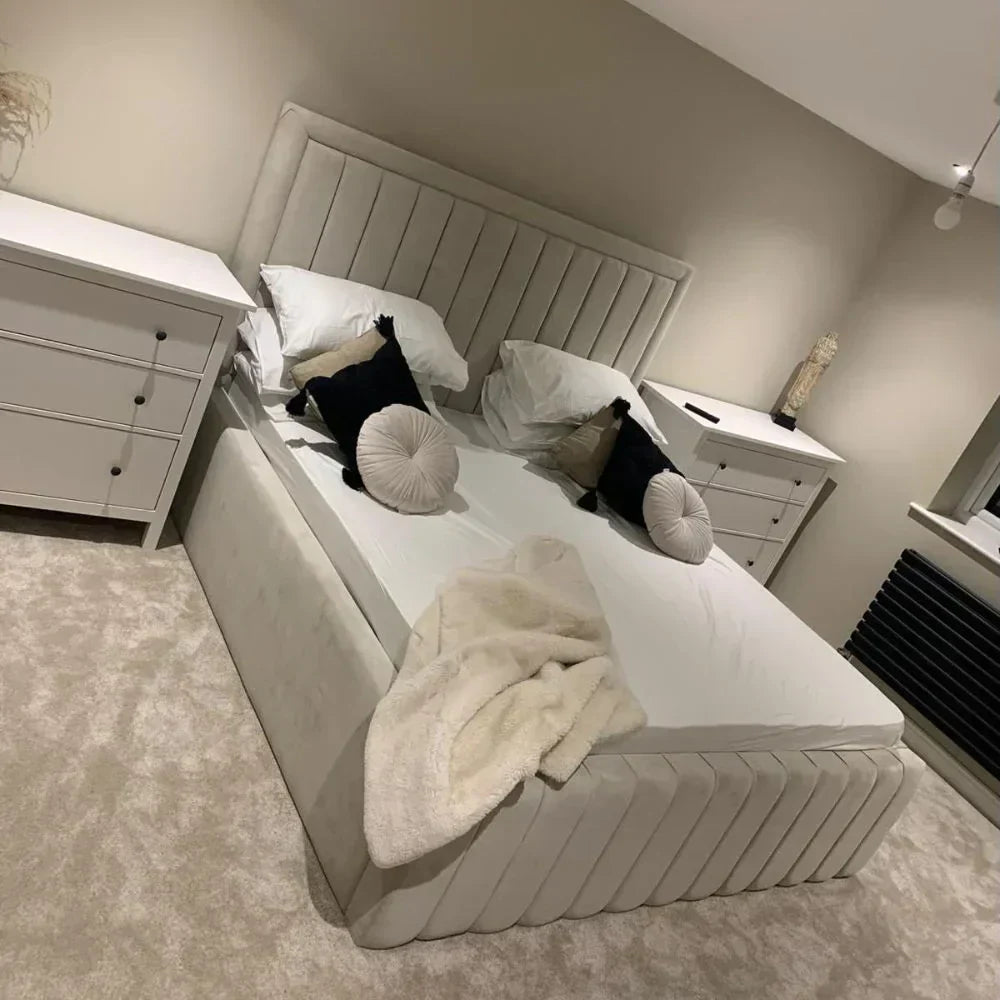 Furnish UK bumper panel line bed frame in beige with vertical panel design and matching bedside tables