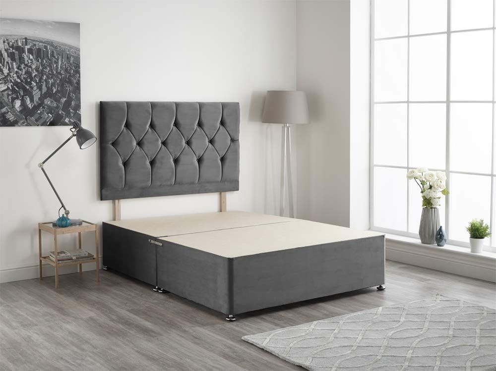 Furnish UK gray chesterfield headboard bed frame in modern bedroom with floor lamp and window
