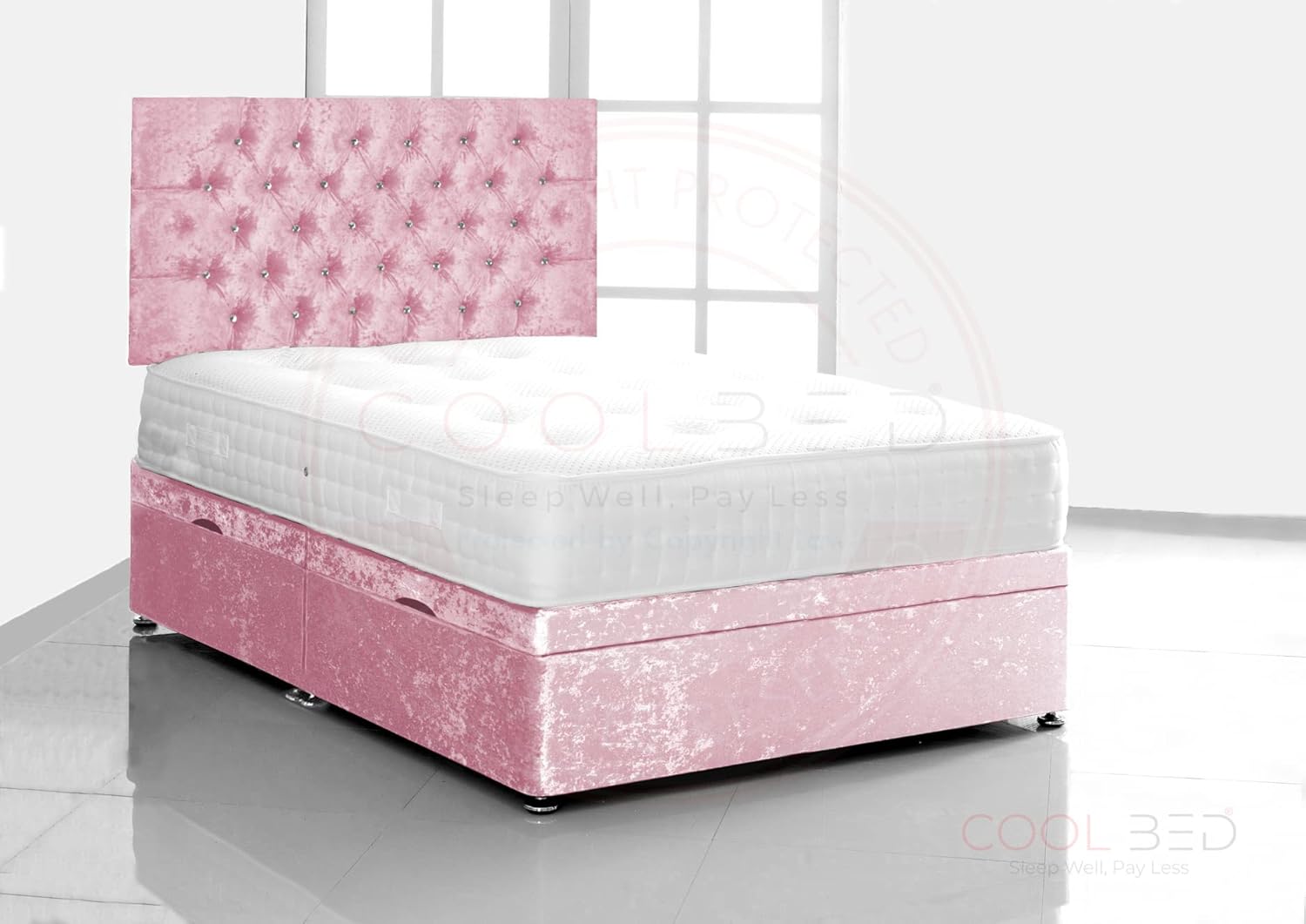 Pink chesterfield headboard bed frame from Furnish UK with tufted design and plush velvet upholstery