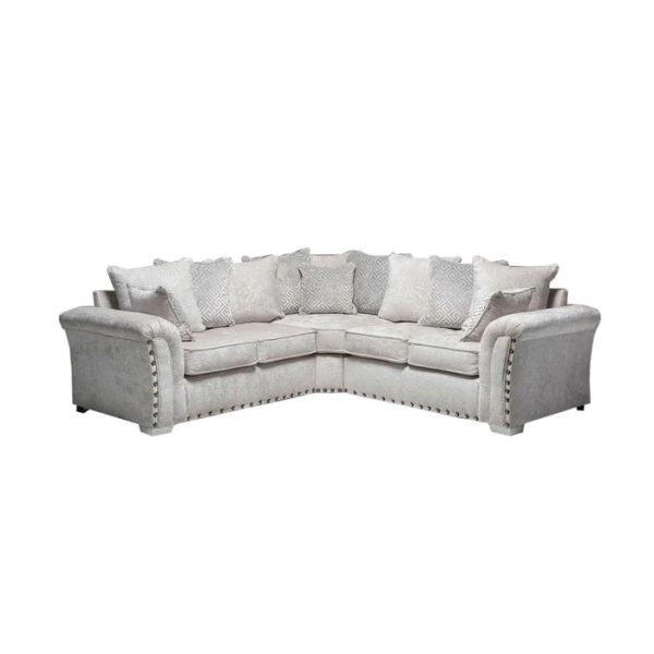 Comfortable L shaped sofa UK in light beige with plush cushions and studded armrests by Furnish UK
