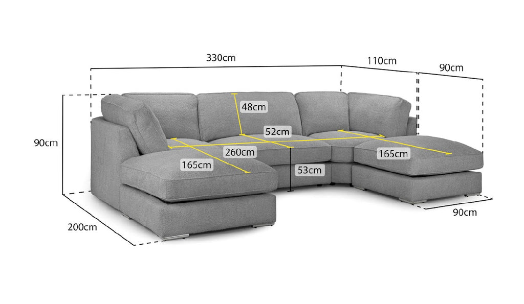 Comfortable U shaped lounge sofa by Furnish UK with grey fabric upholstery and detailed dimensions