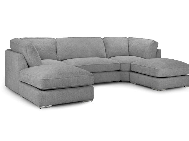 Furnish UK comfortable U shaped lounge sofa in light gray fabric with plush cushions and modern design