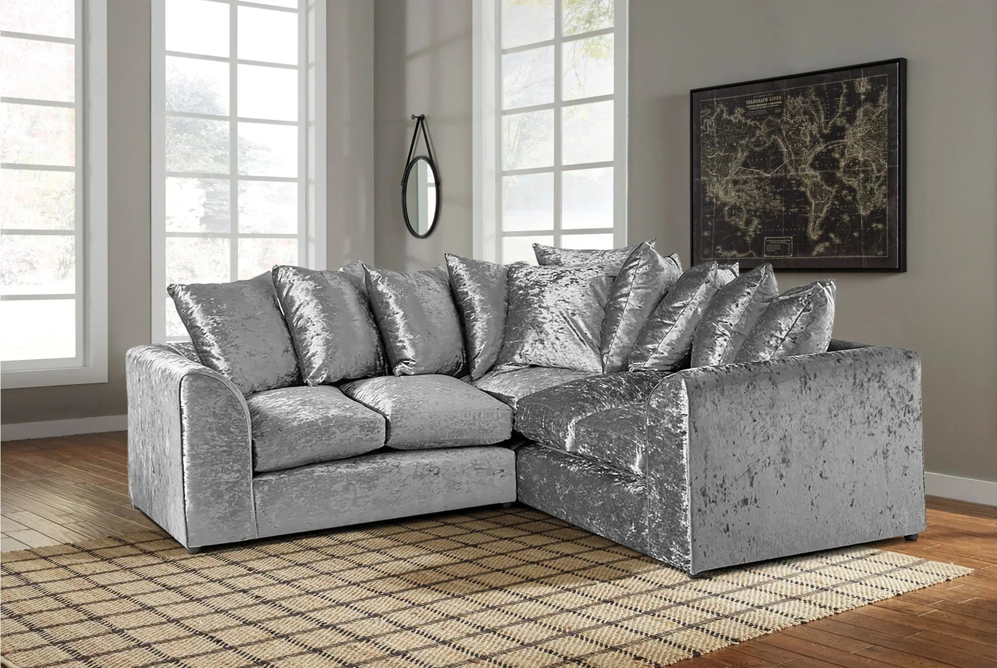 Furnish UK crush velvet corner sofa in silver with plush cushions in a bright living room