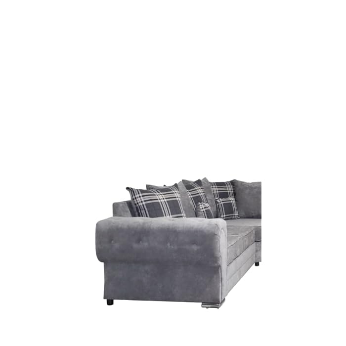 Dark grey suede u-shape sofa from Furnish UK with plush cushions and plaid accent pillows