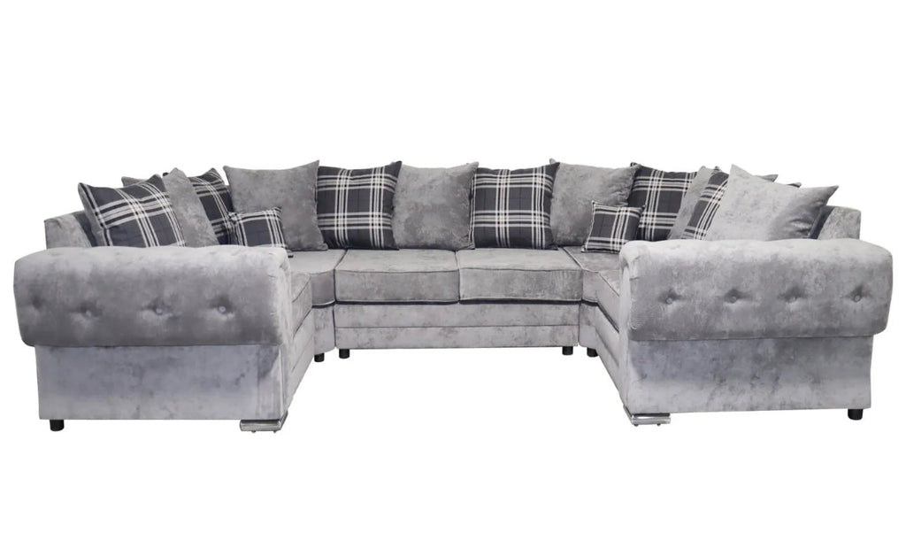 Furnish UK dark grey suede u-shape sofa with button tufted arms and plaid cushions