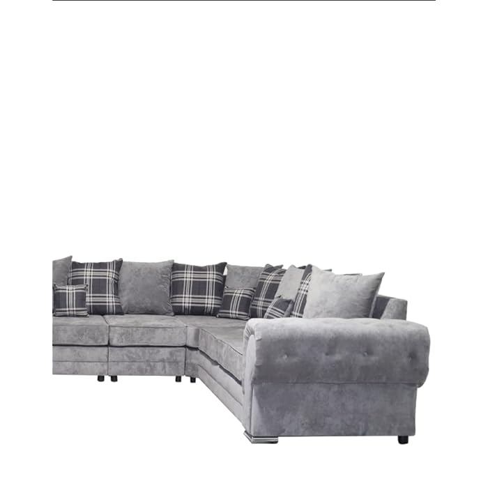 Furnish UK dark grey suede u-shape sofa with plaid and solid cushions for spacious comfort