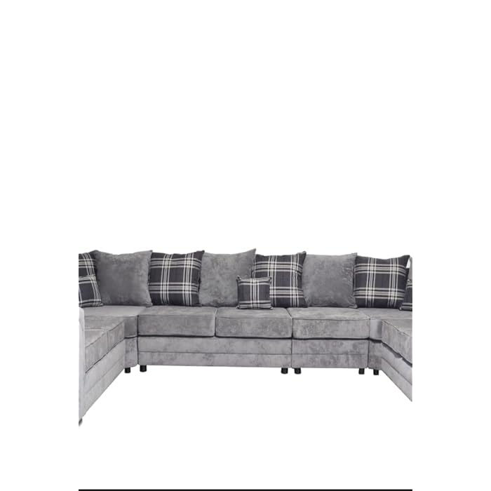 Dark grey suede u-shape sofa by Furnish UK with cushioned seating and patterned throw pillows