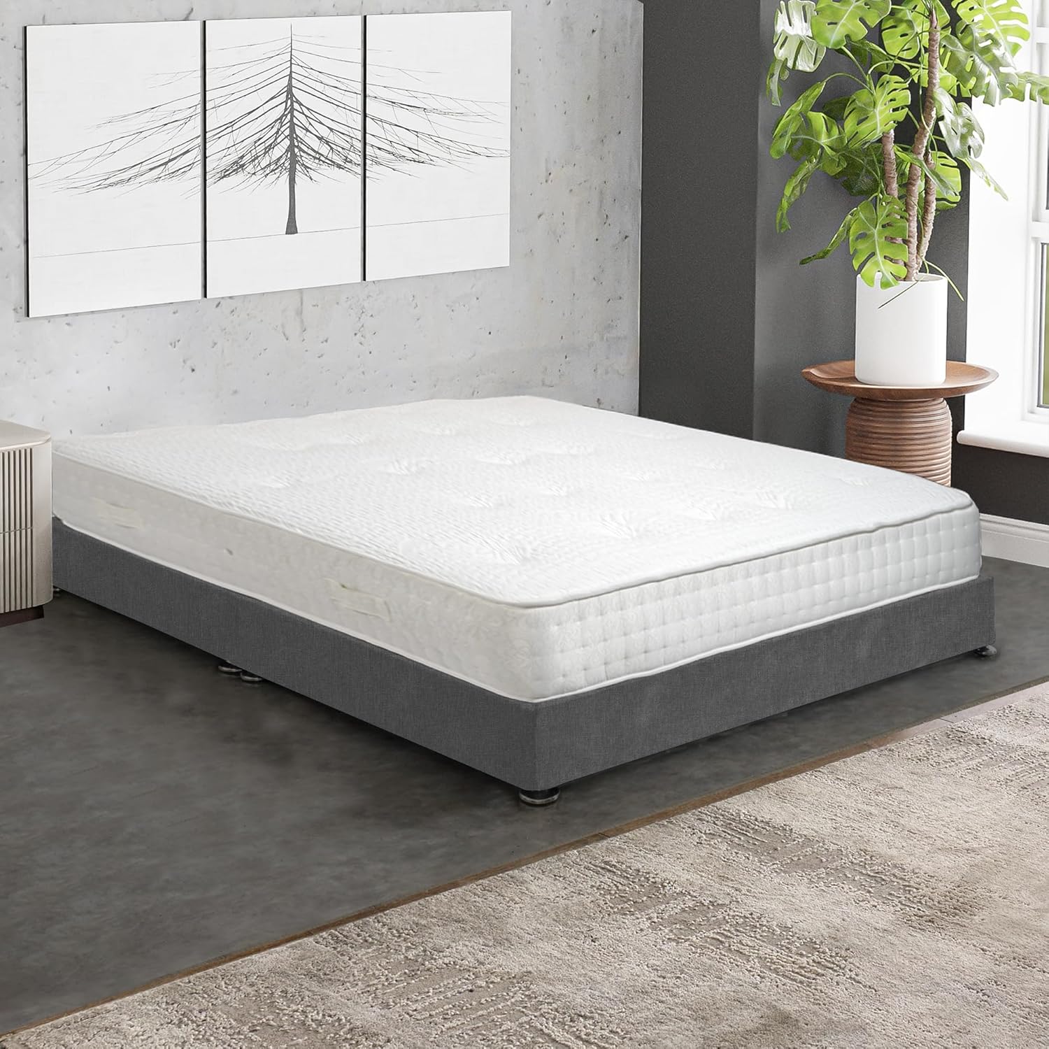 Furnish UK grey divan bed with panel headboard in modern bedroom setting with white mattress