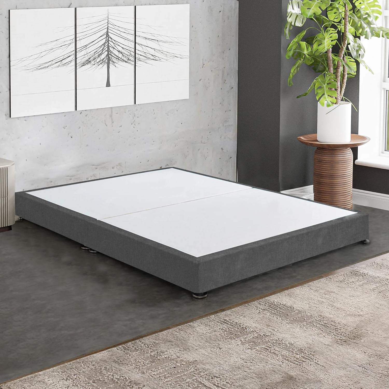 Furnish UK divan bed with panel headboard in gray fabric in modern bedroom setting