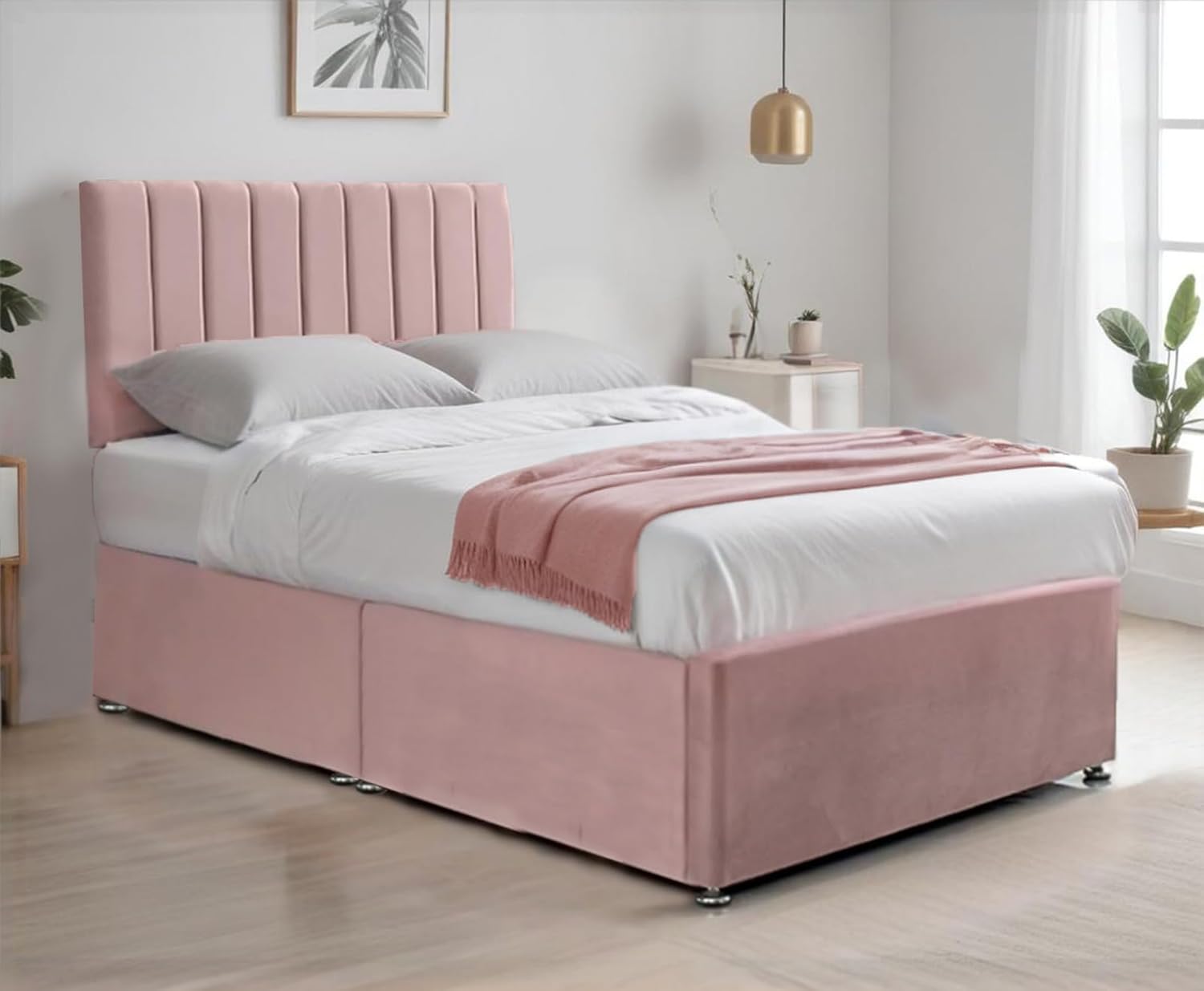 Furnish UK pink divan bed with panel headboard in a modern bedroom setting