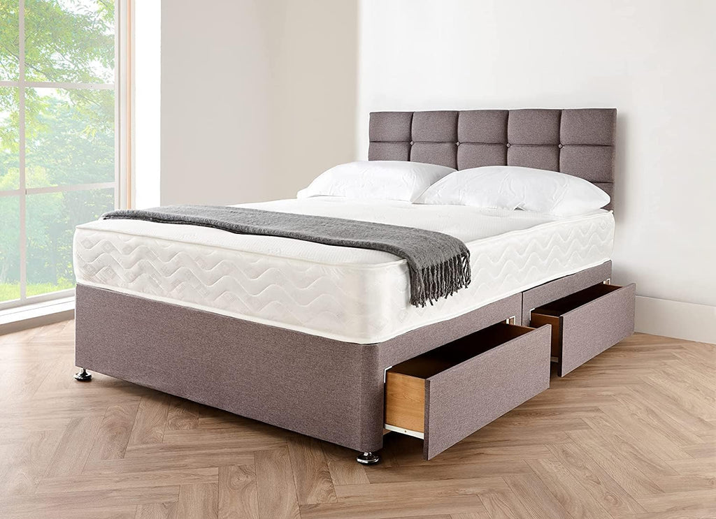 Furnish UK divan bed with storage drawers in gray fabric with tufted headboard and white mattress