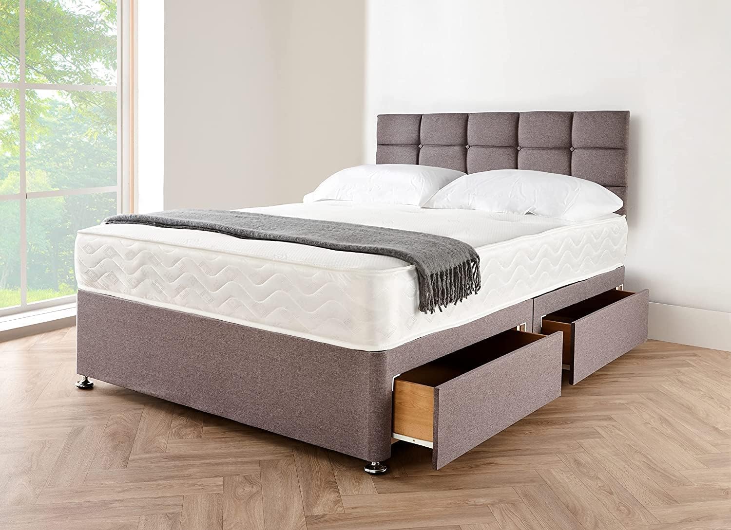Furnish UK divan bed with storage drawers in gray fabric with tufted headboard and white mattress