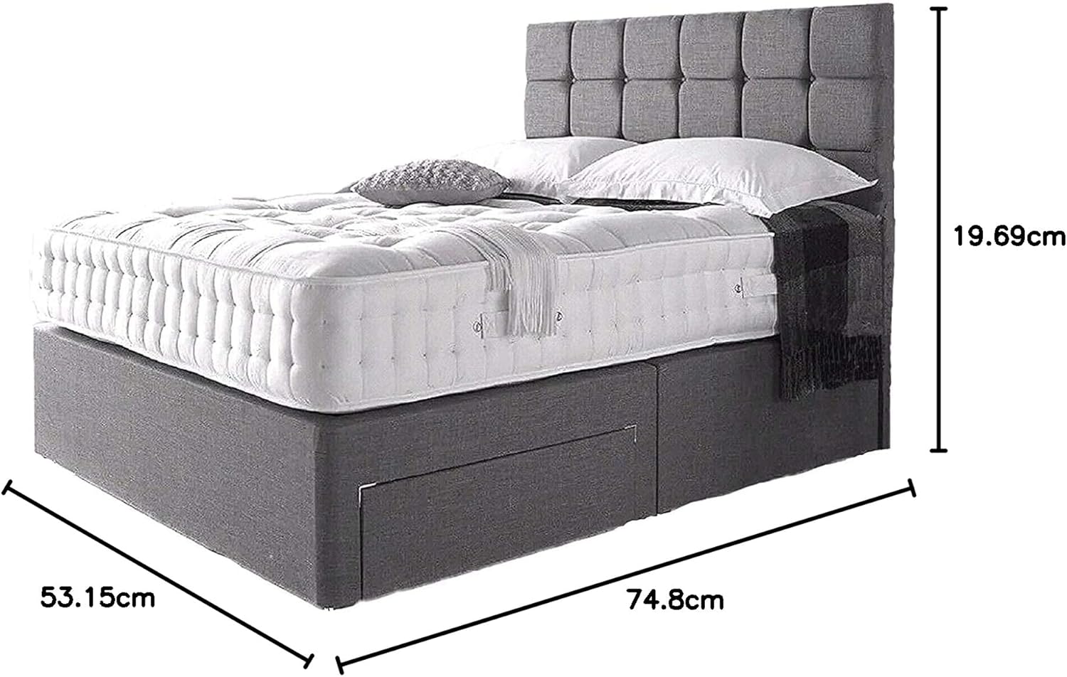 Furnish UK grey divan bed with storage drawers featuring a tufted headboard and mattress