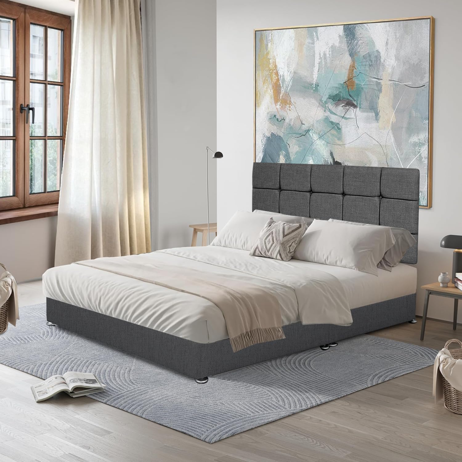 Furnish UK grey divan bed with storage drawers in a modern bedroom with light decor and abstract wall art