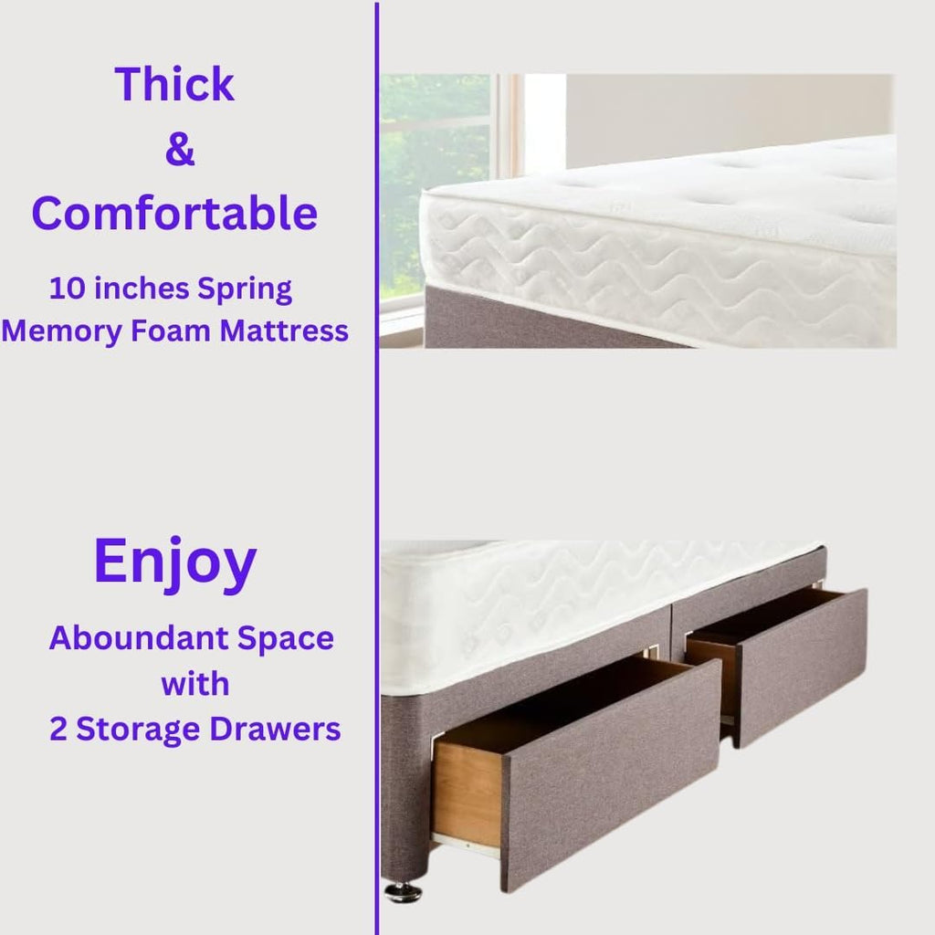 Furnish UK divan bed with storage drawers showing 10 inch spring memory foam mattress and open storage drawers
