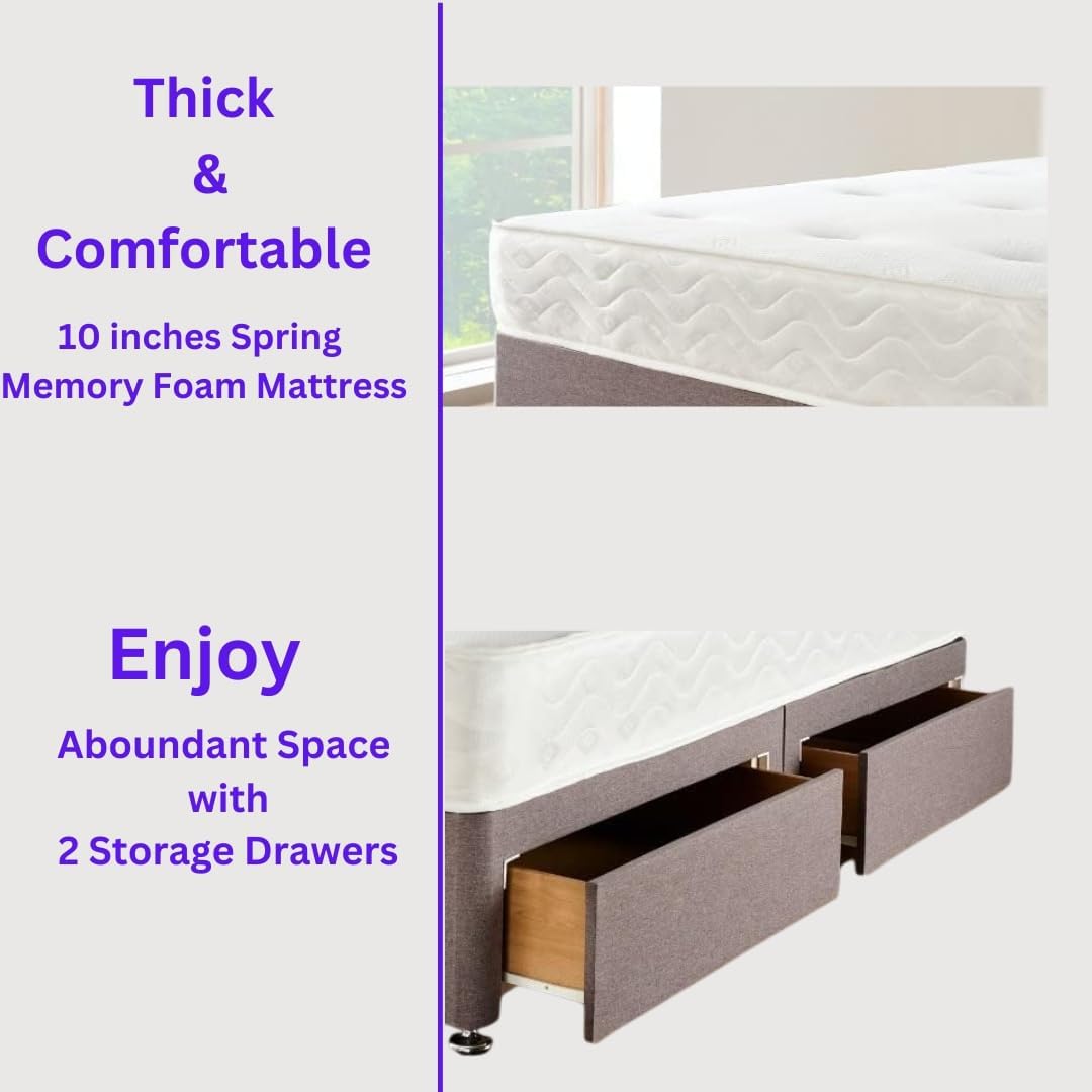 Furnish UK divan bed with storage drawers showing 10 inch spring memory foam mattress and open storage drawers
