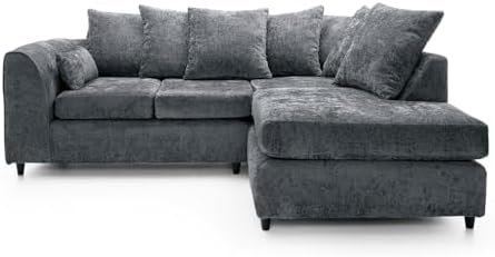 Dylan chenille corner sofa in dark gray with cushioned seats and multiple pillows by Furnish UK