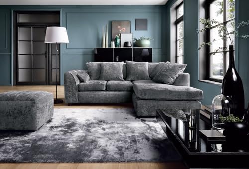 Dylan chenille corner sofa in gray by Furnish UK in modern living room with matching ottoman and rug