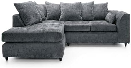 Dylan chenille corner sofa in dark gray with plush cushions and left chaise by Furnish UK