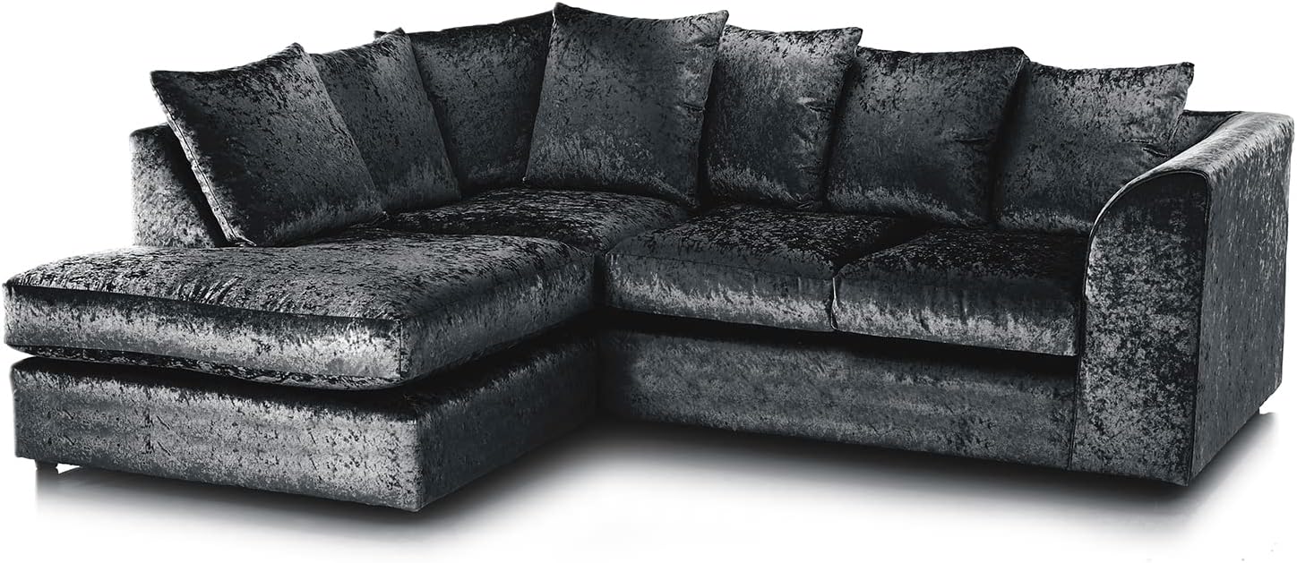 Dylan crushed velvet corner sofa in dark gray with plush cushions by Furnish UK