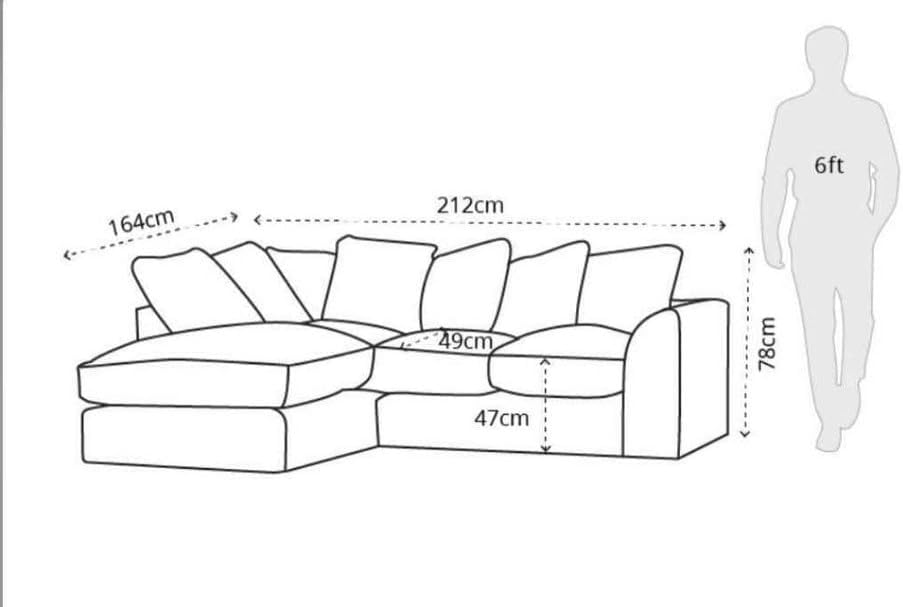 Diagram of dylan crushed velvet corner sofa with dimensions and size comparison to 6ft person