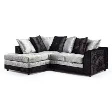 Dylan crushed velvet corner sofa by Furnish UK in gray and black with multiple cushions