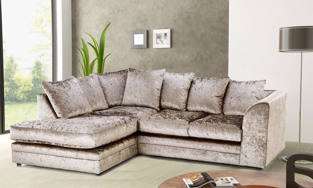 Dylan crushed velvet corner sofa in light beige by Furnish UK with plush cushions in modern living room