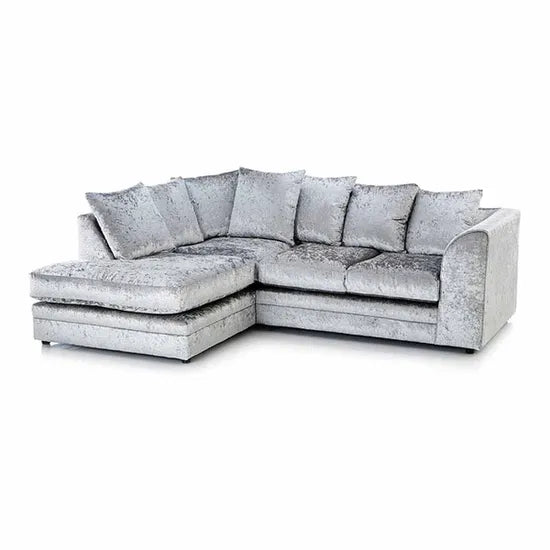 Dylan crushed velvet corner sofa by Furnish UK in silver with plush cushions and modern design
