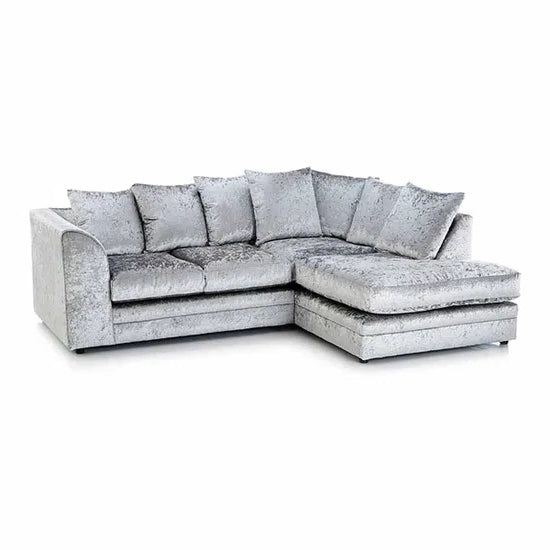 Dylan crushed velvet corner sofa in silver gray by Furnish UK with multiple cushions and cushioned seating
