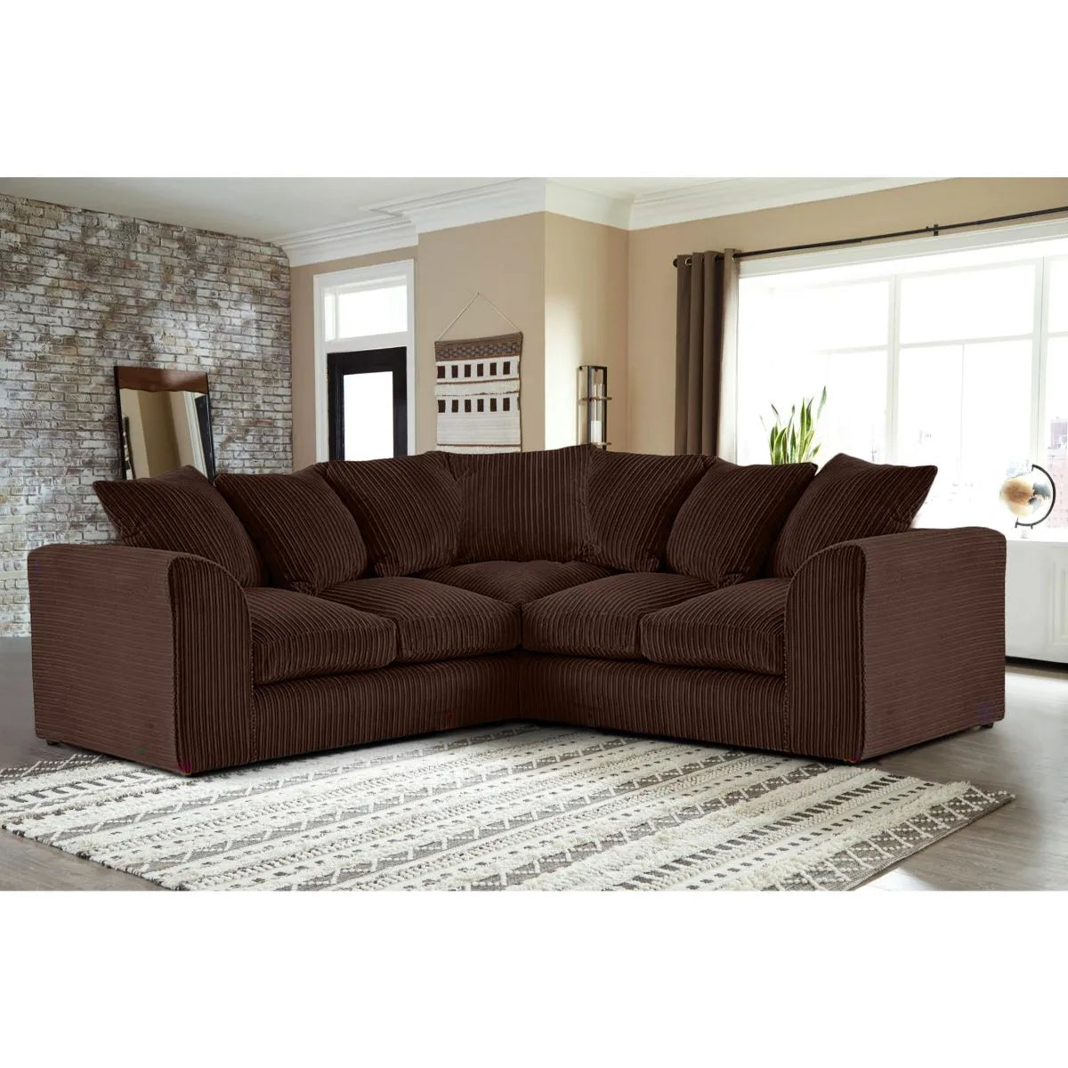 Furnish UK dylan jumbo large corner sofa with armrests in brown corduroy fabric in a modern living room