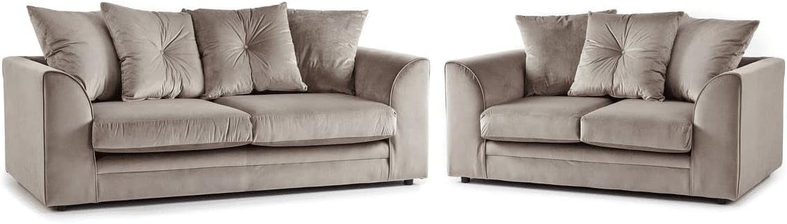 Furnish UK DYLAN velvet sofa for living room 3 plus 2 seating set in light gray with plush cushions