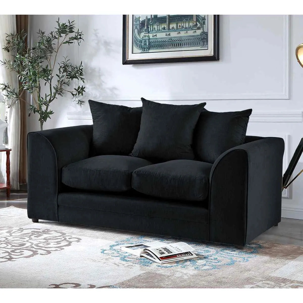 Black DYLAN velvet sofa for living room 3 seat with plush cushions and modern design