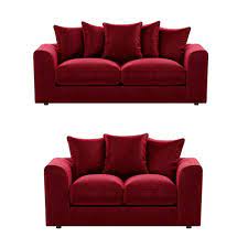 DYLAN velvet sofa for living room set by Furnish UK featuring a 3 plus 2 red velvet sofa with cushions