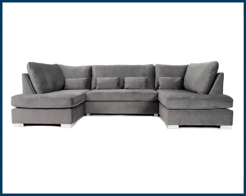 Grey plush velvet U shape sofa by Furnish UK with soft cushions and modern design