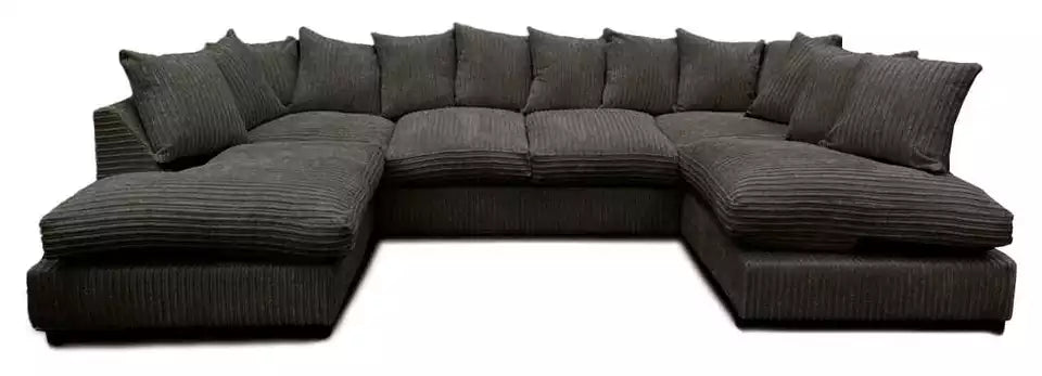 Furnish UK jumbo cord sectional sofa for living room in U shape with plush cushions and dark fabric