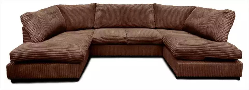 Furnish UK jumbo cord sectional sofa for living room in brown U shape design with cushioned seats and backrests