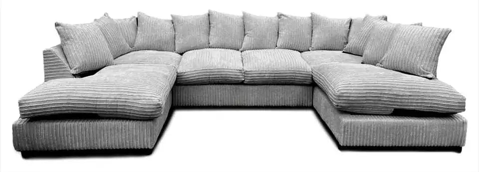 Furnish UK jumbo cord sectional sofa for living room in U shape with plush cushions and grey upholstery