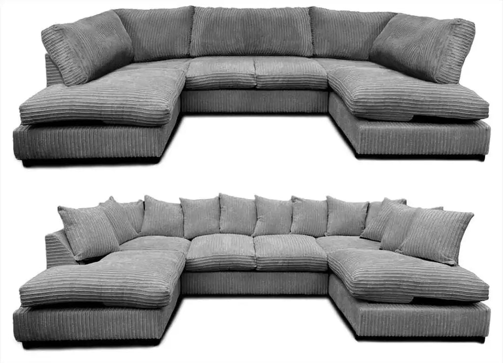 Furnish UK jumbo cord sectional sofa for living room in gray u shape design with plush cushions