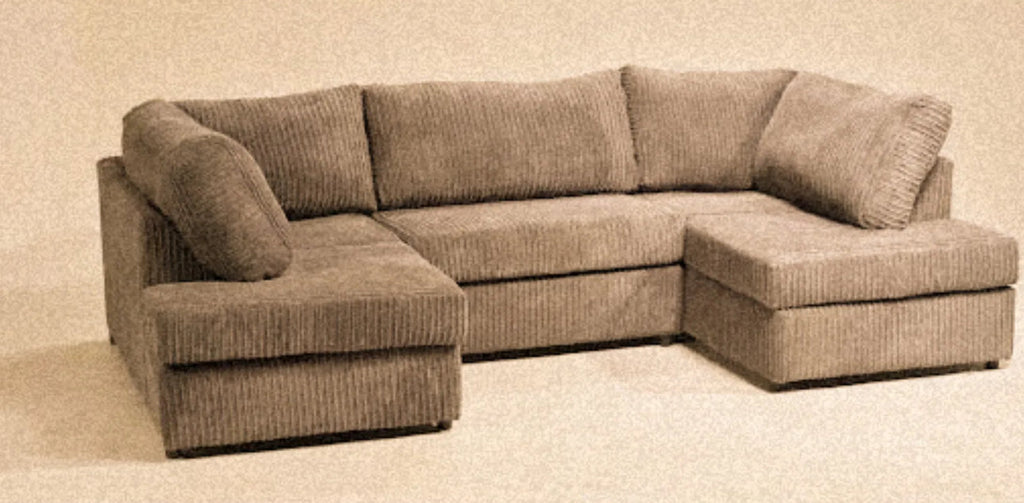 Furnish UK jumbo cord u shape sofa in brown with plush cushions and textured fabric