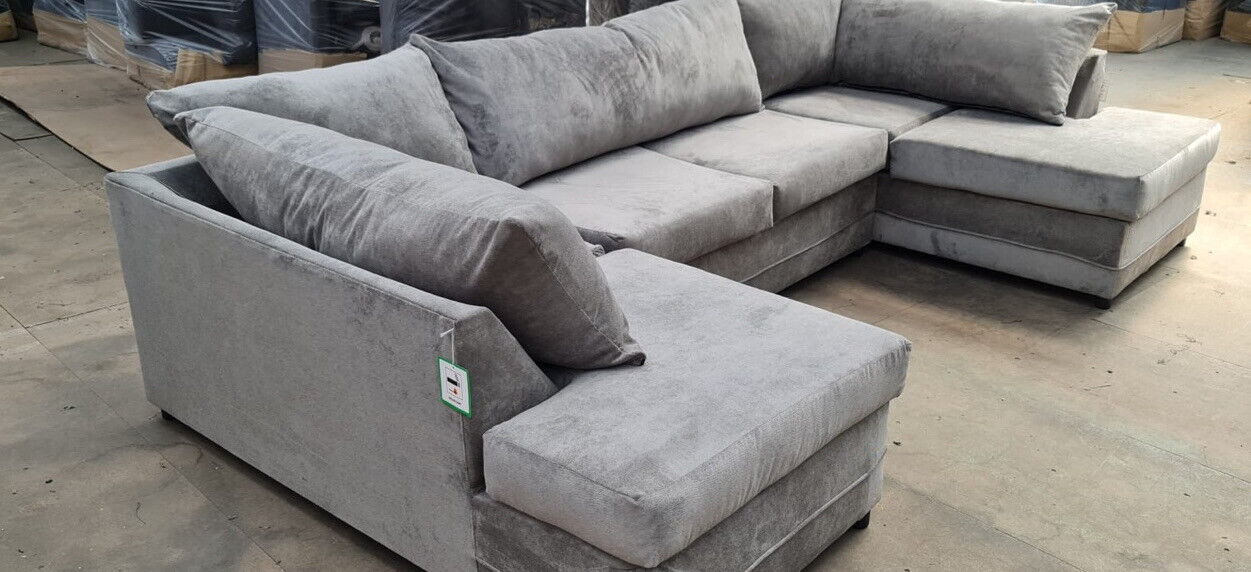 Furnish UK grey fabric U shape sofa with soft cushions Kensington sofa set UK